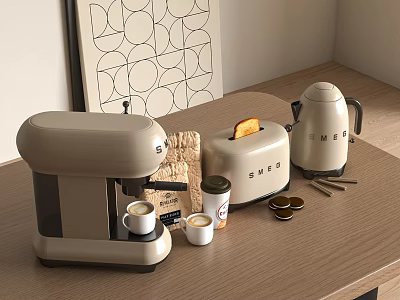 Modern Kitchen Appliances Setup With Coffee Machine Toaster Kettle And Coffee Cups 3d model