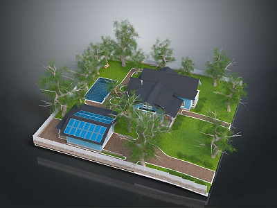 Cartoon Style Residential Scene with Modern House Swimming Pool Green Grass and Trees 3d model
