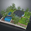 Cartoon Style Residential Scene with Modern House Swimming Pool Green Grass and Trees