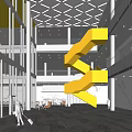 Front Desk Reception In Modern Spacious Lobby With Glass Walls Yellow Accents People Interacting