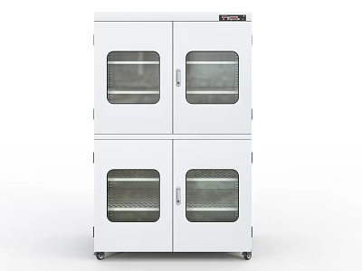 Laboratory White Storage Cabinet With Glass Doors Four Shelves And Wheels 3d model