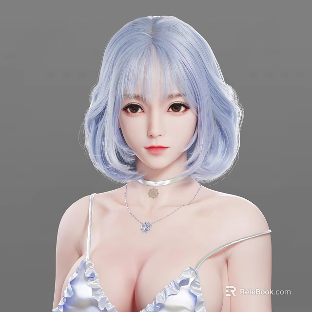 Woman With Light Blue Short Hair Wearing Spaghetti Strap Top And Choker Necklace 3d model 