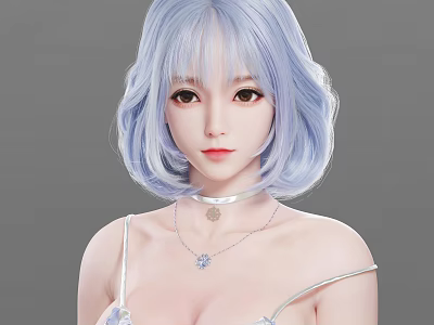 Woman With Light Blue Short Hair Wearing Spaghetti Strap Top And Choker Necklace 3d model