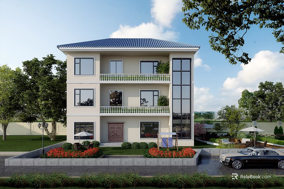 Two Story Detached Villa with White Exterior Blue Roof Garden Trees and Balconies 3d model 