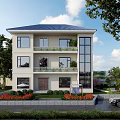 Two Story Detached Villa with White Exterior Blue Roof Garden Trees and Balconies