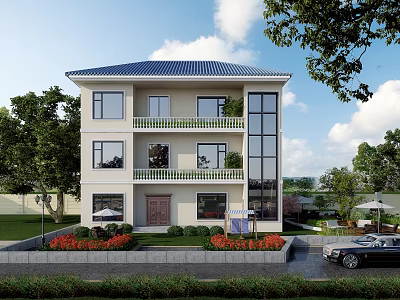 Two Story Detached Villa with White Exterior Blue Roof Garden Trees and Balconies 3d model