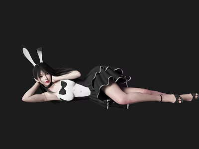 Woman Wearing Rabbit Ears And Black White Dress In Lying Pose On Black Background 3d model
