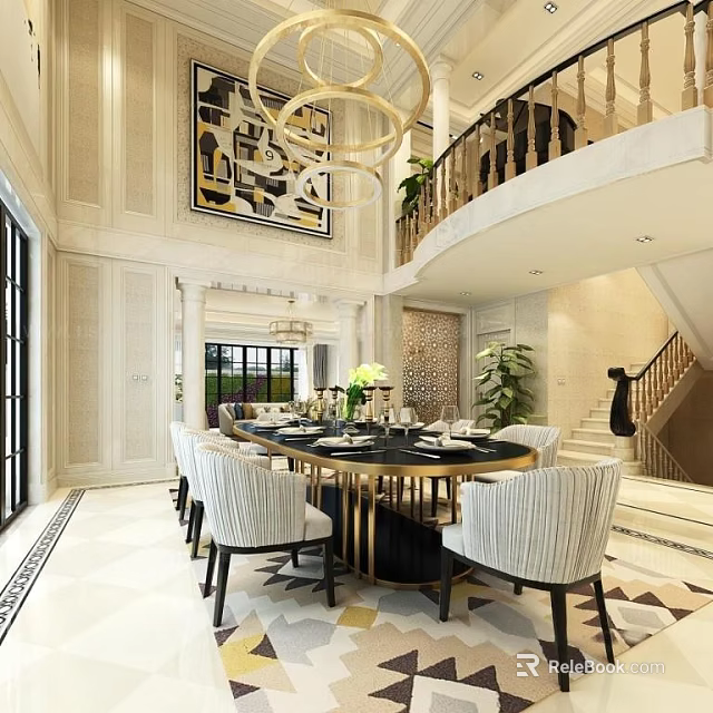 Luxurious Restaurant Interior Featuring Round Dining Table White Chairs Chandelier Marble Floor And Green Plants 3d model 