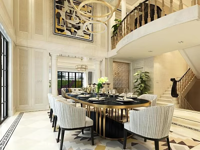 Luxurious Restaurant Interior Featuring Round Dining Table White Chairs Chandelier Marble Floor And Green Plants 3d model