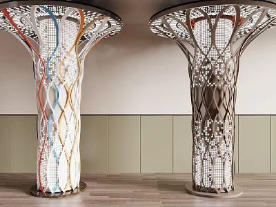 Two Modern Decorative Columns With Intricate Lattice Design And Vibrant Threads In Indoor Space 3d model