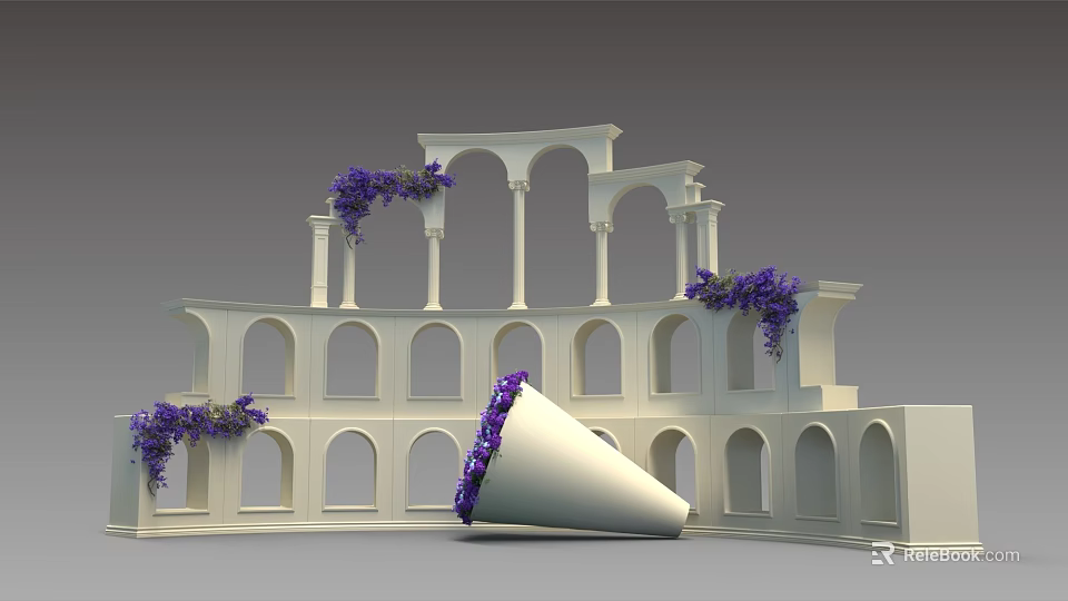 Floral Display With Multi Layered White Arch Structures And Purple Hanging Flowers 3d model 