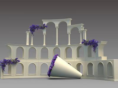 Floral Display With Multi Layered White Arch Structures And Purple Hanging Flowers 3d model