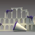 Floral Display With Multi Layered White Arch Structures And Purple Hanging Flowers