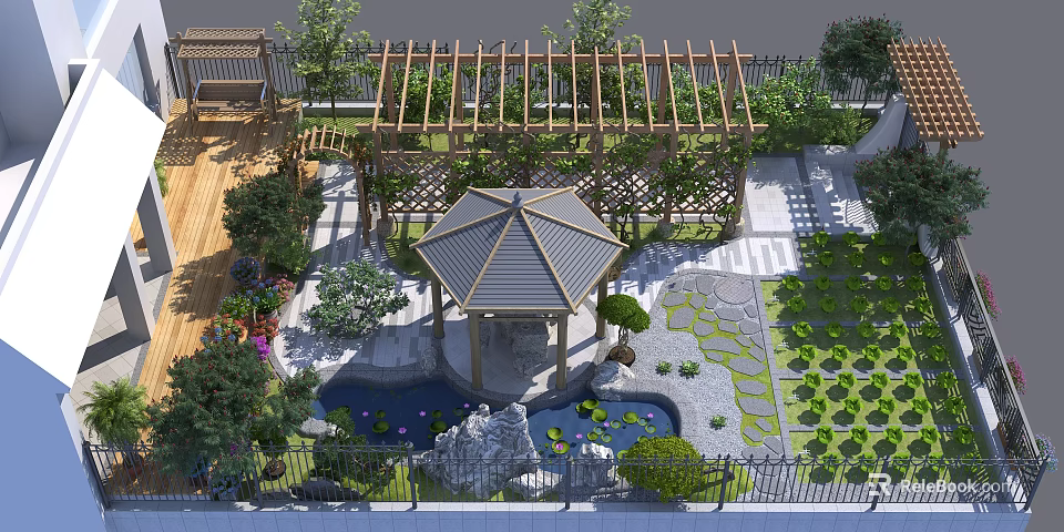 Garden Courtyard Design With Wooden Pergola Gazebo Pond Stone Pathway And Lush Green Plants 3d model 