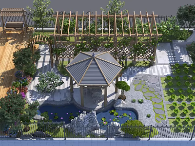 Garden Courtyard Design With Wooden Pergola Gazebo Pond Stone Pathway And Lush Green Plants 3d model