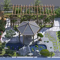 Garden Courtyard Design With Wooden Pergola Gazebo Pond Stone Pathway And Lush Green Plants