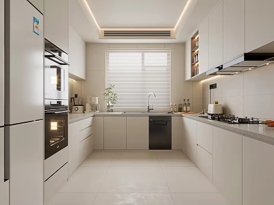 Modern Kitchen Interior With White Cabinets Refrigerator Oven Dishwasher Countertop And Window 3d model