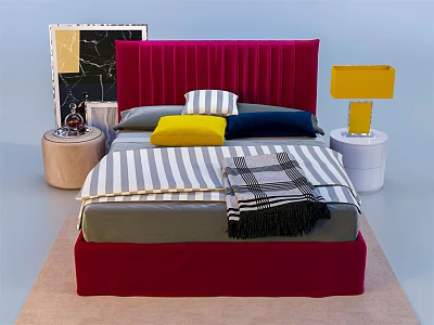 Double Bed with Red Velvet Headboard Striped Bedspread Colorful Pillows Plaid Blanket and Bedside Lamps 3d model