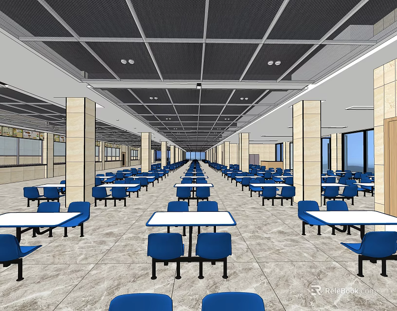 Spacious Cafeteria Interior With Blue Chairs White Tables Columns And Large Windows 3d model