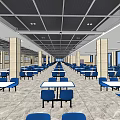Spacious Cafeteria Interior With Blue Chairs White Tables Columns And Large Windows 3d model