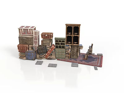 Vintage Scene Decor With Stacked Crates Bookshelf Chair Wooden Planks And Area Rug 3d model