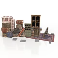 Vintage Scene Decor With Stacked Crates Bookshelf Chair Wooden Planks And Area Rug