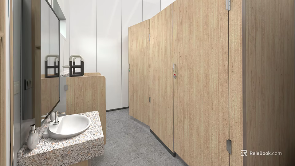 Modern Hotel Bathroom Interior Design With Wooden Cubicles And Stone Countertop Sink 3d model 