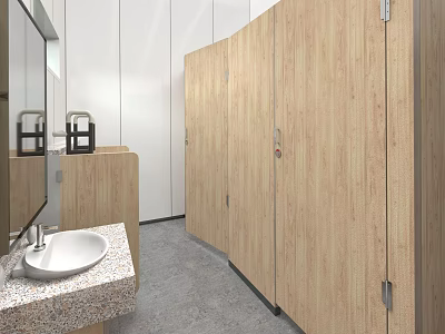 Modern Hotel Bathroom Interior Design With Wooden Cubicles And Stone Countertop Sink 3d model