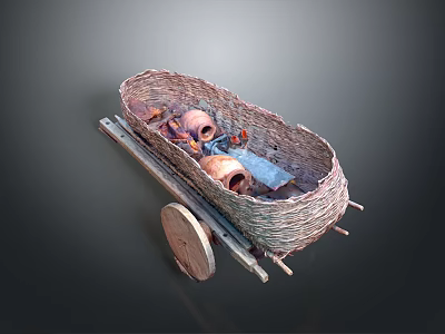 Wicker Hand Cart With Clay Pots And Cloth Inside Traditional Design 3d model