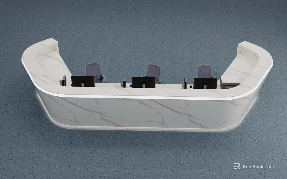 Curved White Marble Reception Desk With Three Seats And Black Computer Monitors 3d model