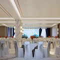 Elegant Banquet Hall With Marble Floor White Tables And Blue Curtains