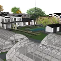 Designed Garden Landscape With Houses Pond Green Lawns Paths And Greenhouses