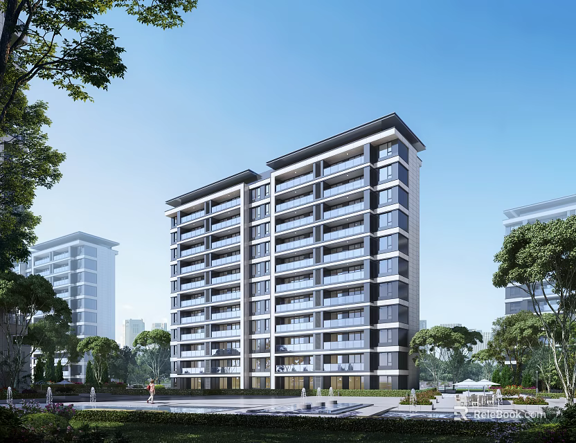 Modern Residential Building with Balconies and Lush Green Surrounding Trees 3d model 
