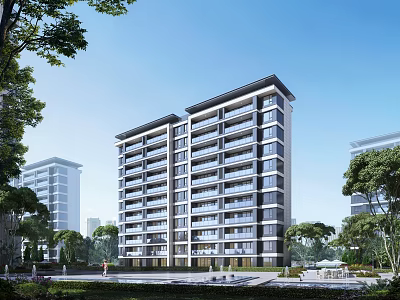Modern Residential Building with Balconies and Lush Green Surrounding Trees 3d model