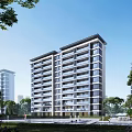 Modern Residential Building with Balconies and Lush Green Surrounding Trees