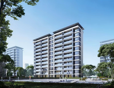 Modern Residential Building with Balconies and Lush Green Surrounding Trees 3d model