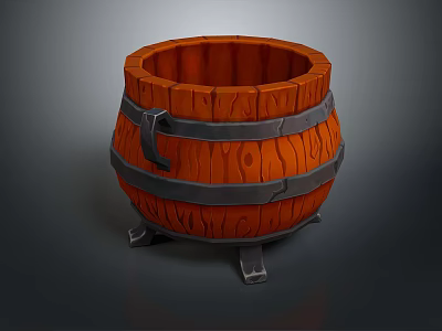 Detailed Wooden Barrel With Metal Hoops And Wood Grain Texture On Metal Legs 3d model