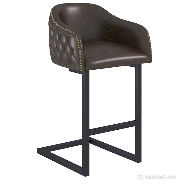 Modern Leather Bar Stool With Quilted Backrest Studded Accents And Black Metal Cross Legs 3d model 