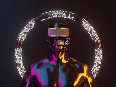 Futuristic Game Movie Character With VR Headset Metallic Body And Glowing Circular Ring 3d model