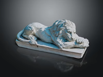 Detailed White Stone Lion Sculpture in Lying Posture with Rectangular Base 3d model