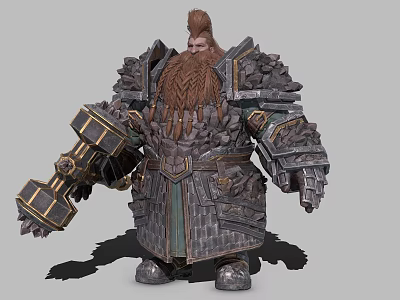 Fantasy Game Character In Heavy Armor With Huge Hammer 3d model