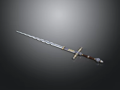 Wavy Blade Sword with Golden Decorated Hilt and Brown Grip Design 3d model