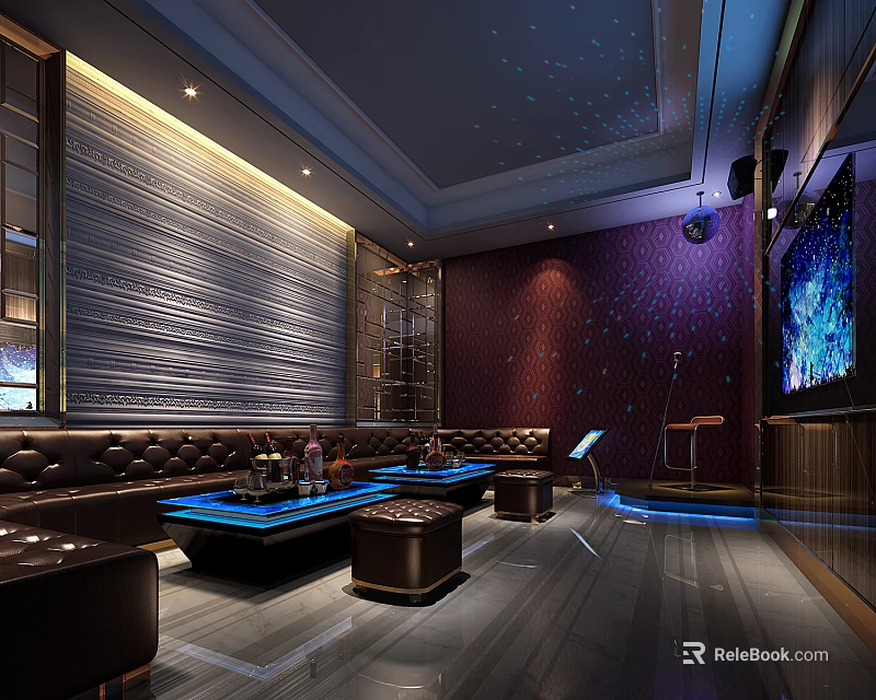 Modern KTV Lounge With Starry Ceiling Blue Lighting Large Screen And Leather Sofa 3d model