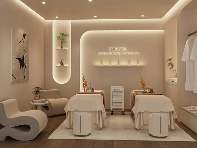 Relaxing Beauty Salon Interior With Treatment Tables White Decor Plants Beauty Products And Soft Lighting 3d model