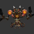 Goblin Adventurer With Large Mechanical Creature 3D Model Glowing Orange Parts And Weapons