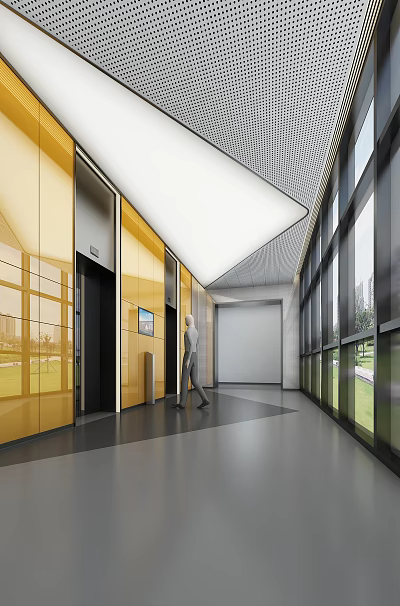 Modern Elevator Corridor Interior With Golden Walls Large Windows And Person Walking 3d model
