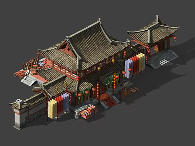 Ancient Architecture With Traditional Wooden Roof Curved Eaves Red Pillars Hanging Lanterns And Banners 3d model