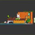Cartoon Scene With Cute Rabbit Character Colorful Buildings Green Trees And Wooden Platforms