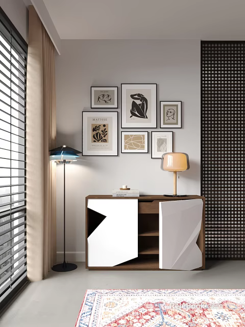 White And Brown Modern Entryway Side Cabinet Interior With Framed Artworks And Lamps 3d model 