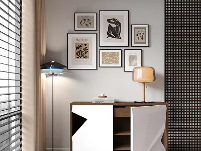 White And Brown Modern Entryway Side Cabinet Interior With Framed Artworks And Lamps 3d model